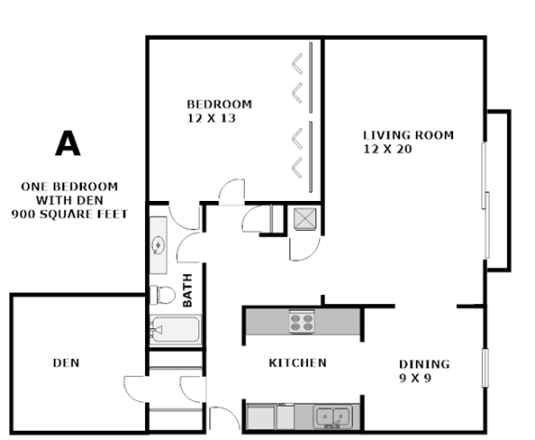 One Bed w/Den 900 Sq Ft Floor Plan 2